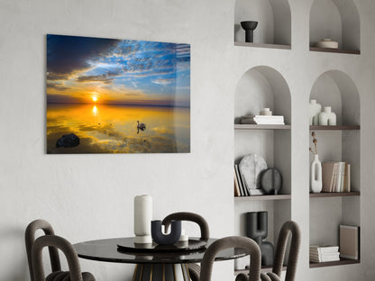 Golden Sunset Lake Swan Glass Wall Art