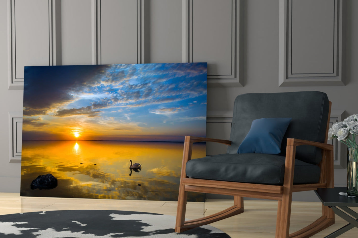 Golden Sunset Lake Swan Glass Wall Art