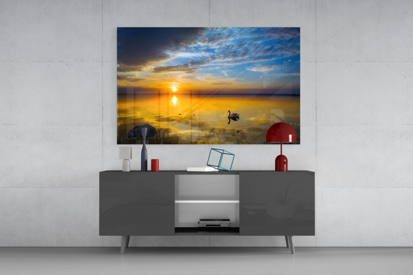 Golden Sunset Lake Swan Glass Wall Art
