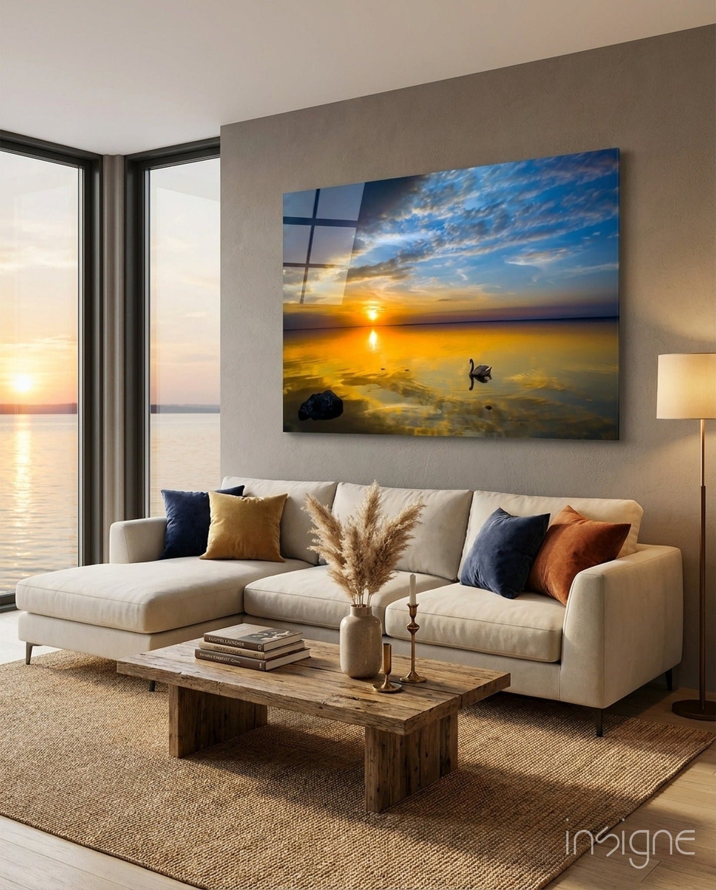 Golden Sunset Lake Swan Glass Wall Art