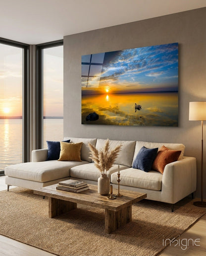 Golden Sunset Lake Swan Glass Wall Art