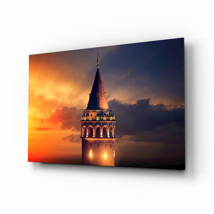 Fiery Sky Galata Tower Glass Wall Art