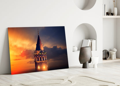 Fiery Sky Galata Tower Glass Wall Art