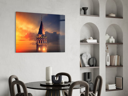 Fiery Sky Galata Tower Glass Wall Art