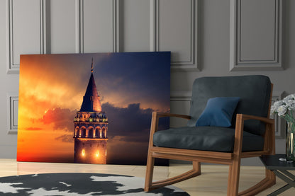 Fiery Sky Galata Tower Glass Wall Art