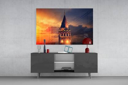 Fiery Sky Galata Tower Glass Wall Art