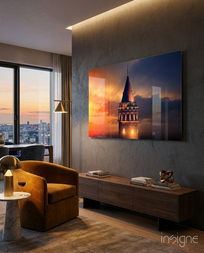 Fiery Sky Galata Tower Glass Wall Art