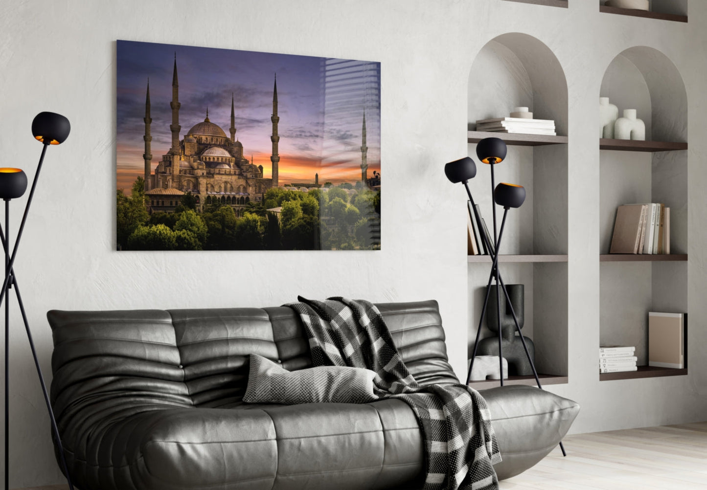 Purple Sunset Sky Blue Mosque Glass Wall Art