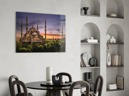 Purple Sunset Sky Blue Mosque Glass Wall Art