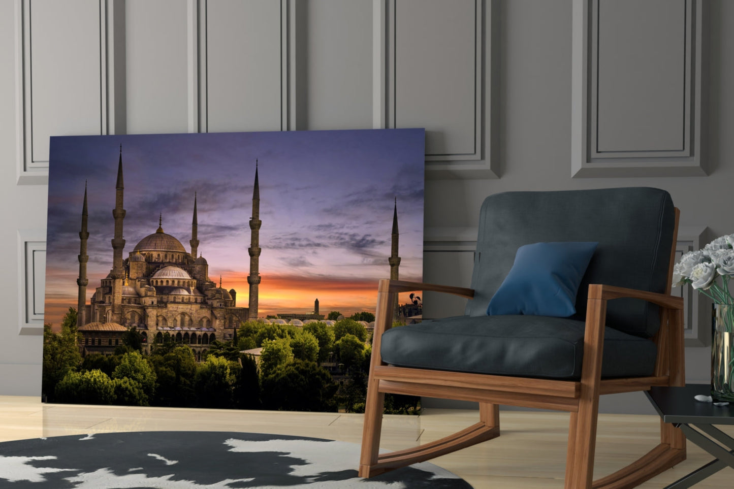 Purple Sunset Sky Blue Mosque Glass Wall Art