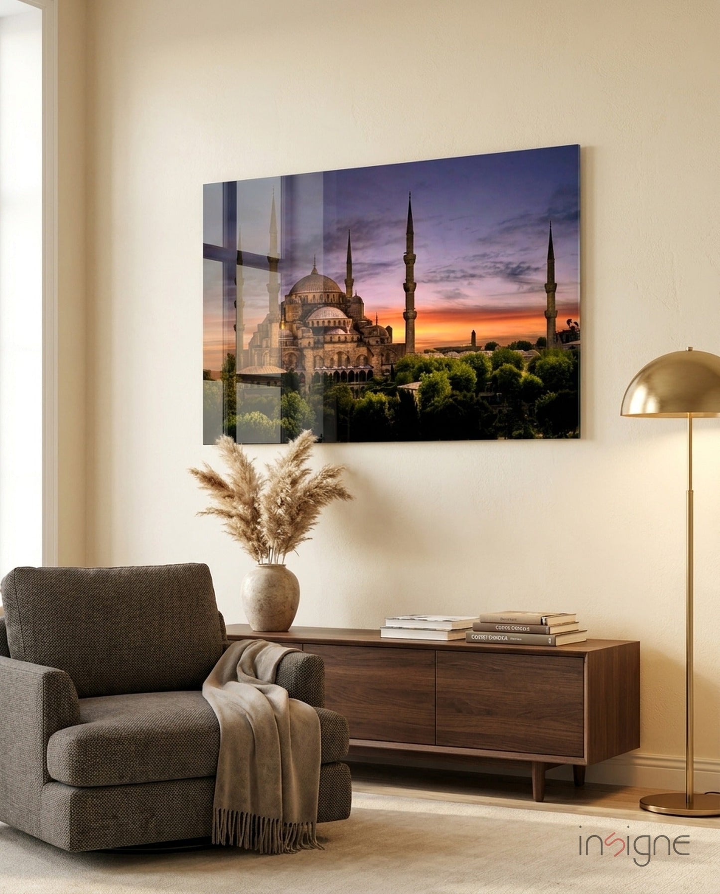 Purple Sunset Sky Blue Mosque Glass Wall Art