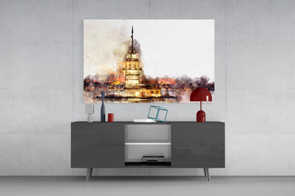 Wide Sepia Wash Maidens Tower Glass Wall Art