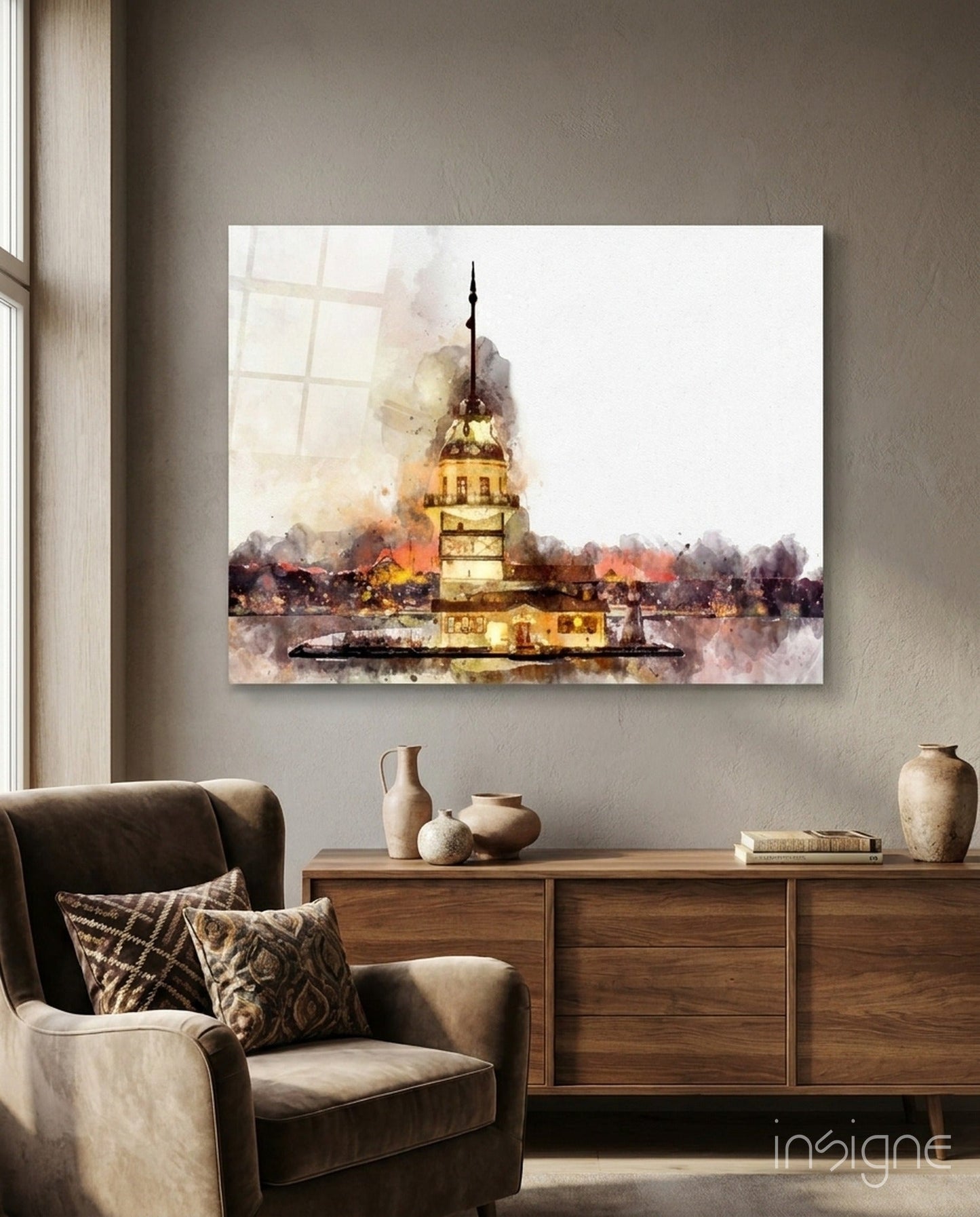 Wide Sepia Wash Maidens Tower Glass Wall Art