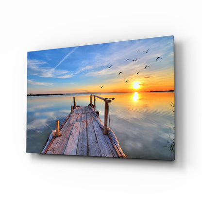 Golden Sunset Flying Birds Dock Glass Wall Art