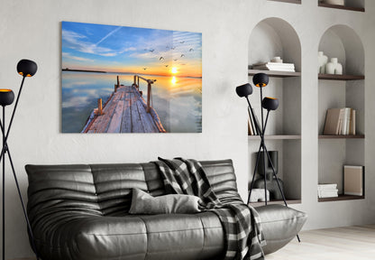 Golden Sunset Flying Birds Dock Glass Wall Art