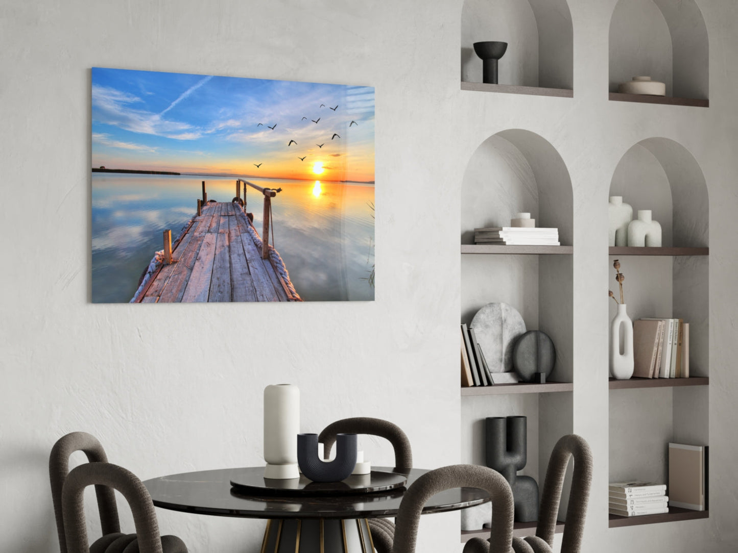 Golden Sunset Flying Birds Dock Glass Wall Art