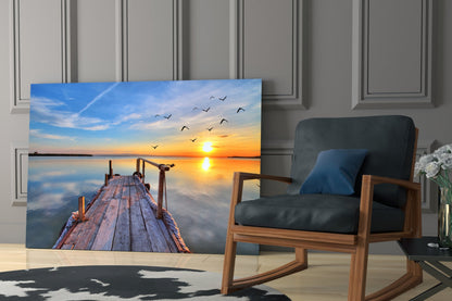 Golden Sunset Flying Birds Dock Glass Wall Art