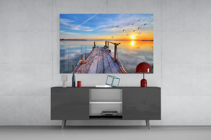 Golden Sunset Flying Birds Dock Glass Wall Art