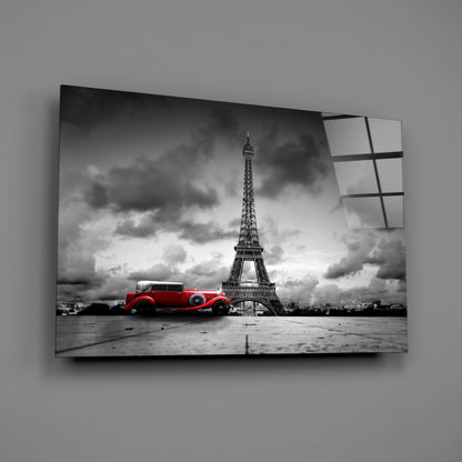 Red Vintage Car Eiffel Glass Wall Art