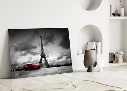 Red Vintage Car Eiffel Glass Wall Art