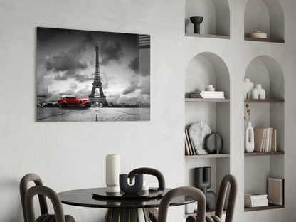 Red Vintage Car Eiffel Glass Wall Art
