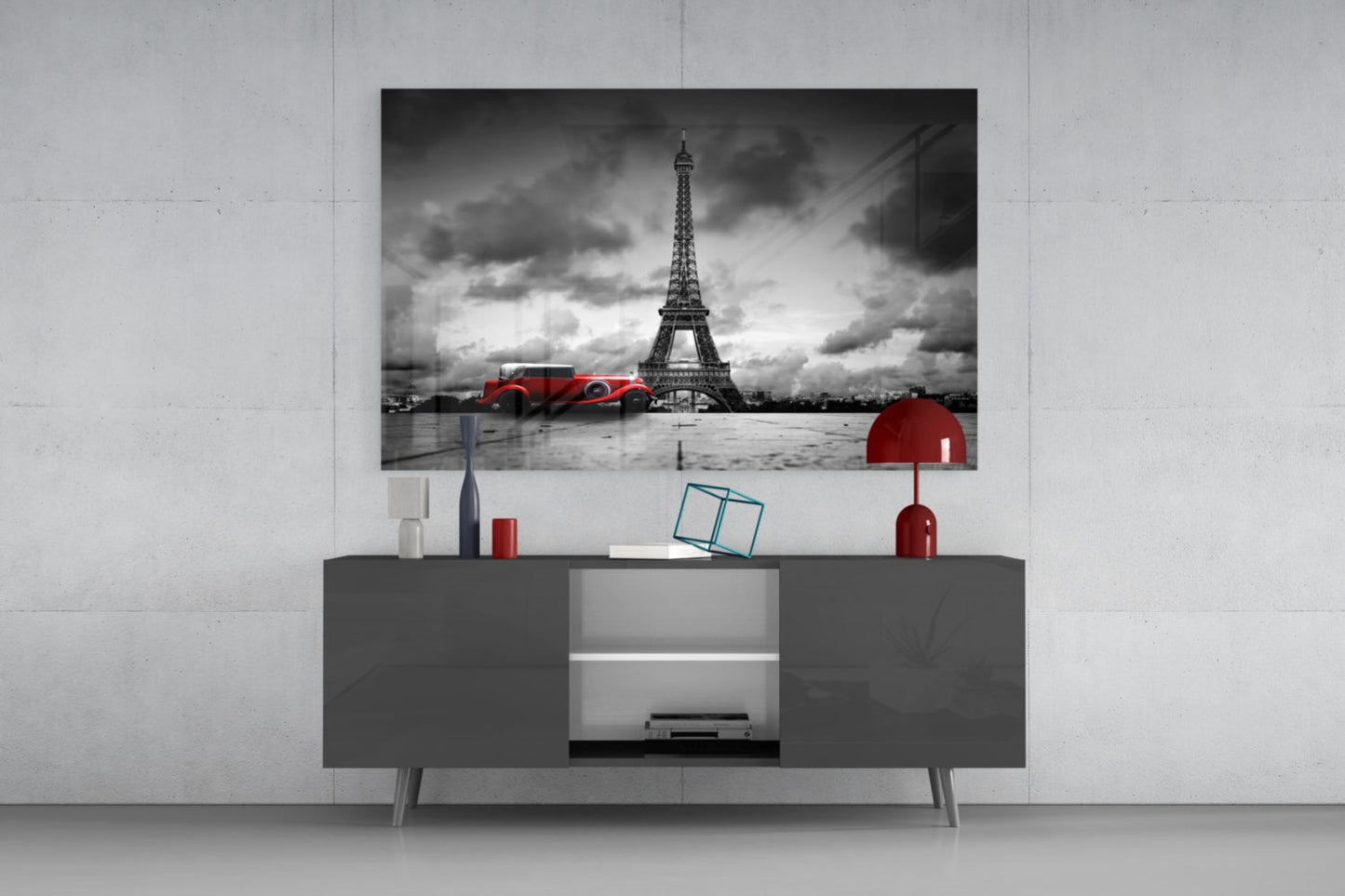 Red Vintage Car Eiffel Glass Wall Art
