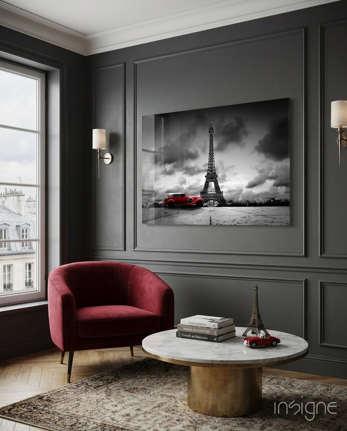Red Vintage Car Eiffel Glass Wall Art