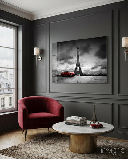 Red Vintage Car Eiffel Glass Wall Art
