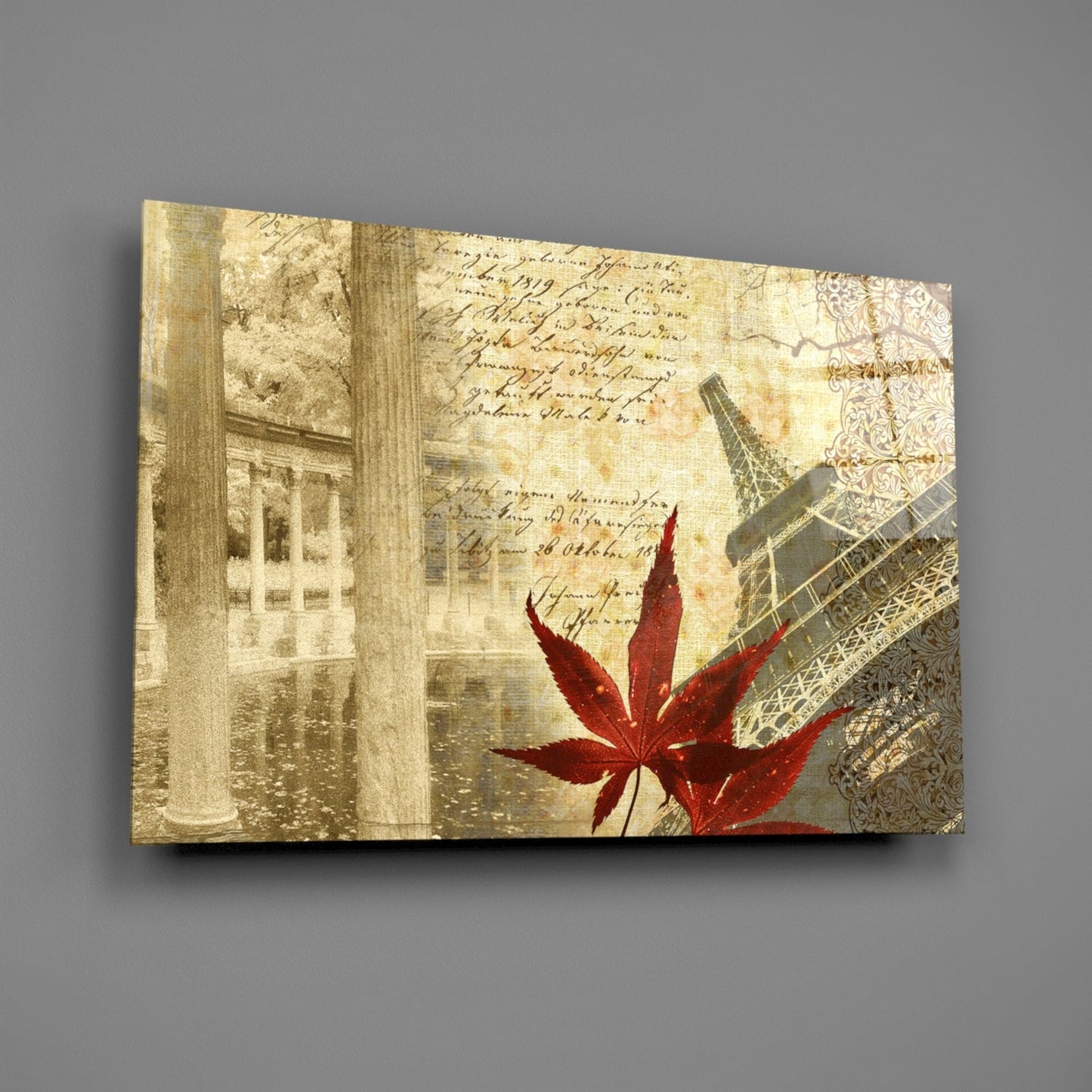 Red Maple Leaf Paris Tower Vintage Glass Wall Art