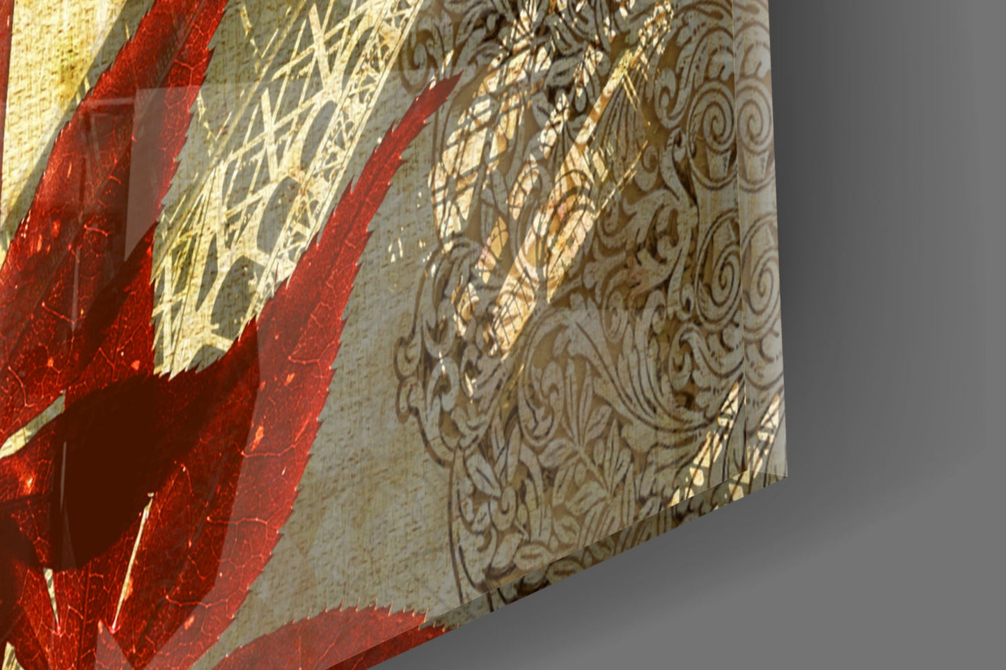 Red Maple Leaf Paris Tower Vintage Glass Wall Art