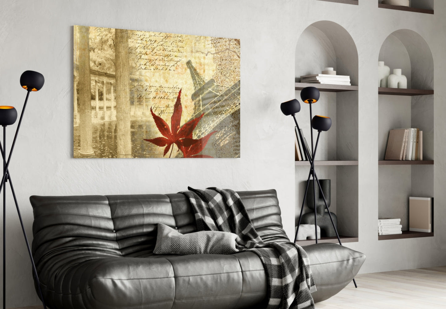 Red Maple Leaf Paris Tower Vintage Glass Wall Art