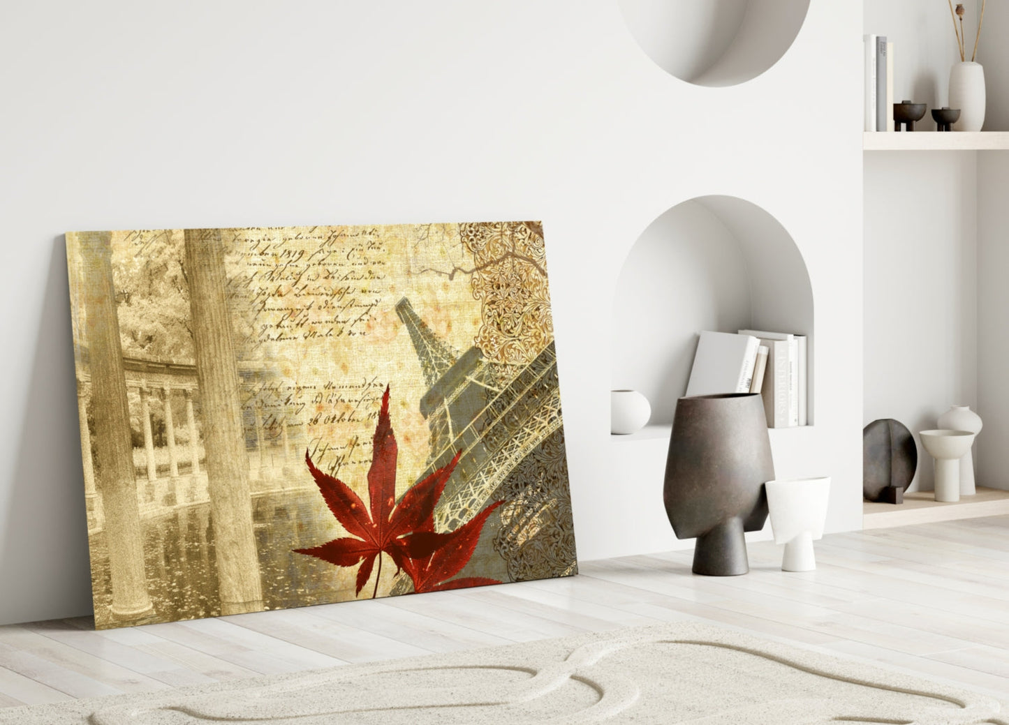 Red Maple Leaf Paris Tower Vintage Glass Wall Art