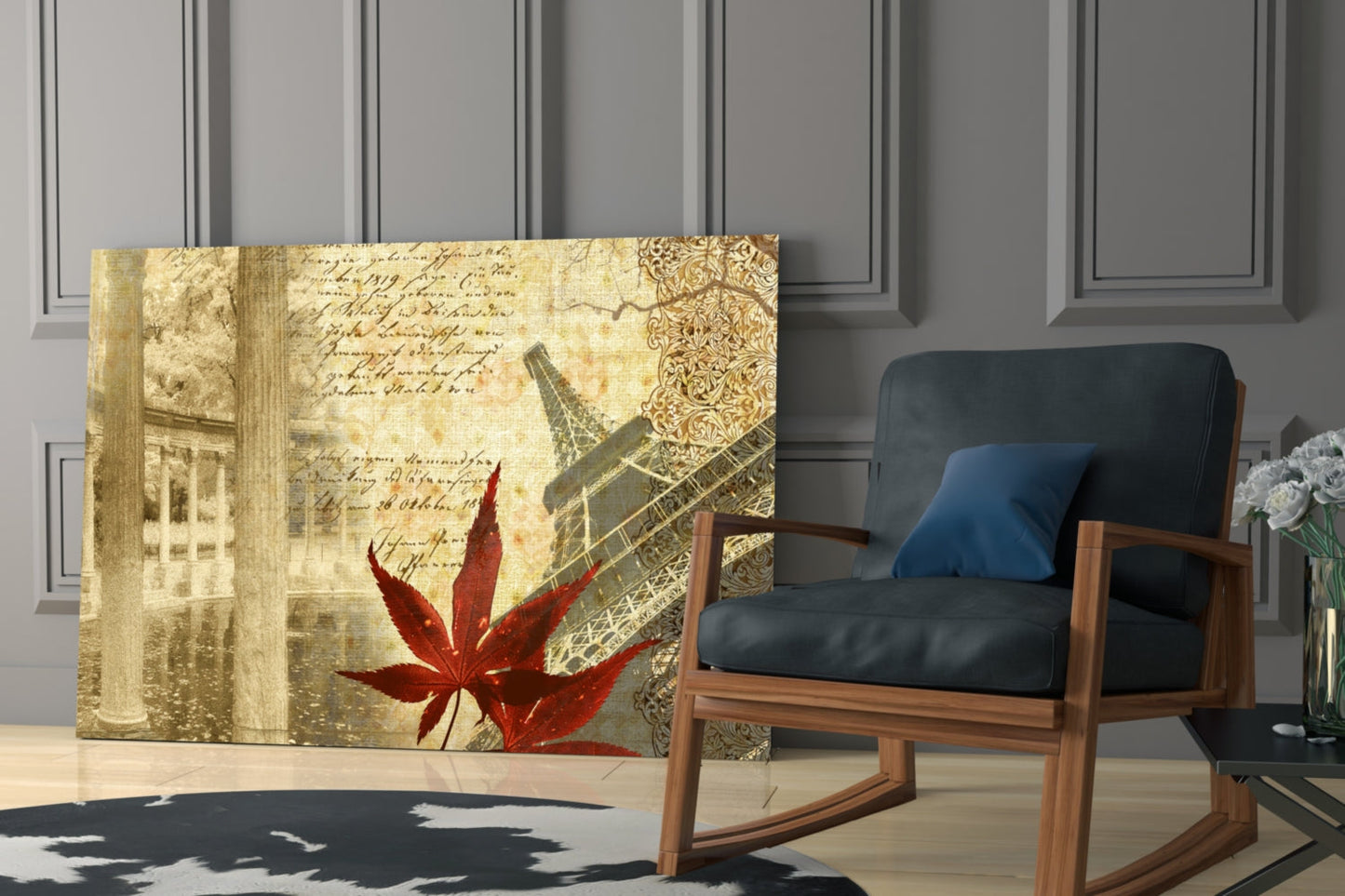 Red Maple Leaf Paris Tower Vintage Glass Wall Art