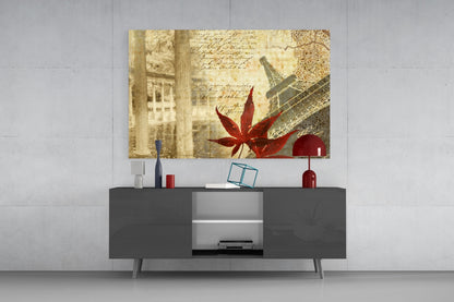 Red Maple Leaf Paris Tower Vintage Glass Wall Art