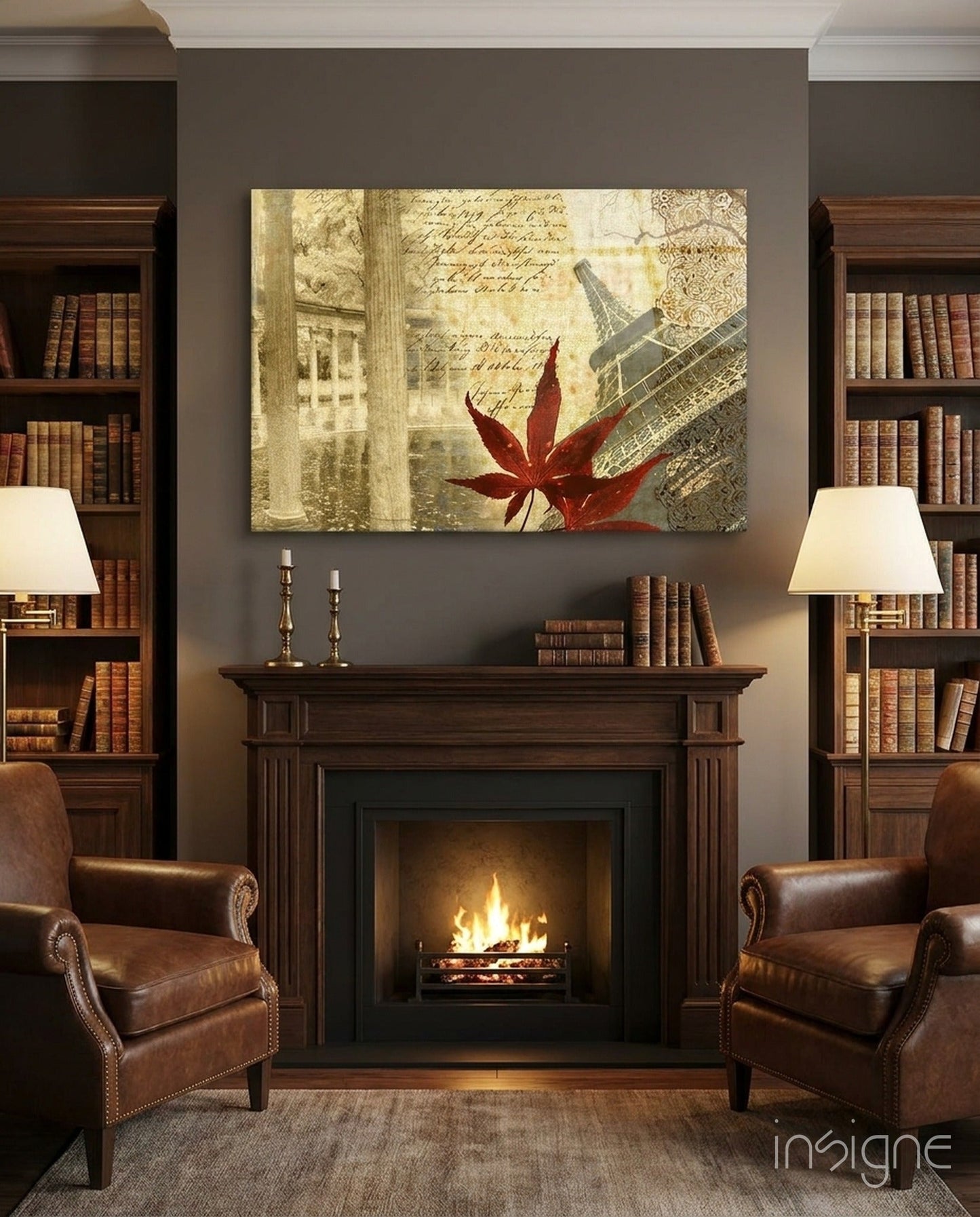 Red Maple Leaf Paris Tower Vintage Glass Wall Art