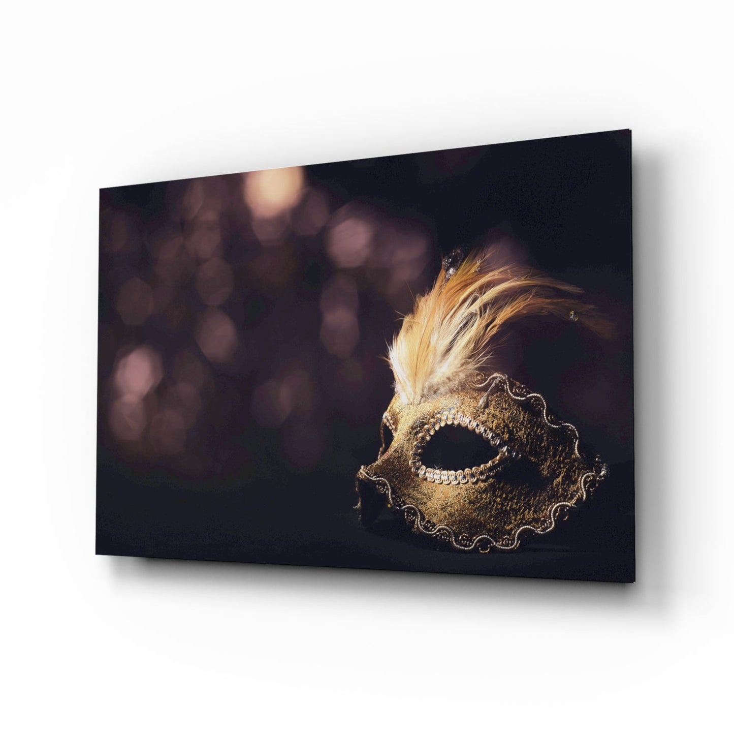 Gold Feathered Masquerade Mask Glass Wall Art