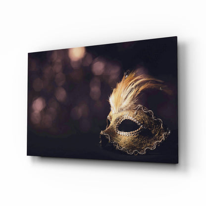 Gold Feathered Masquerade Mask Glass Wall Art