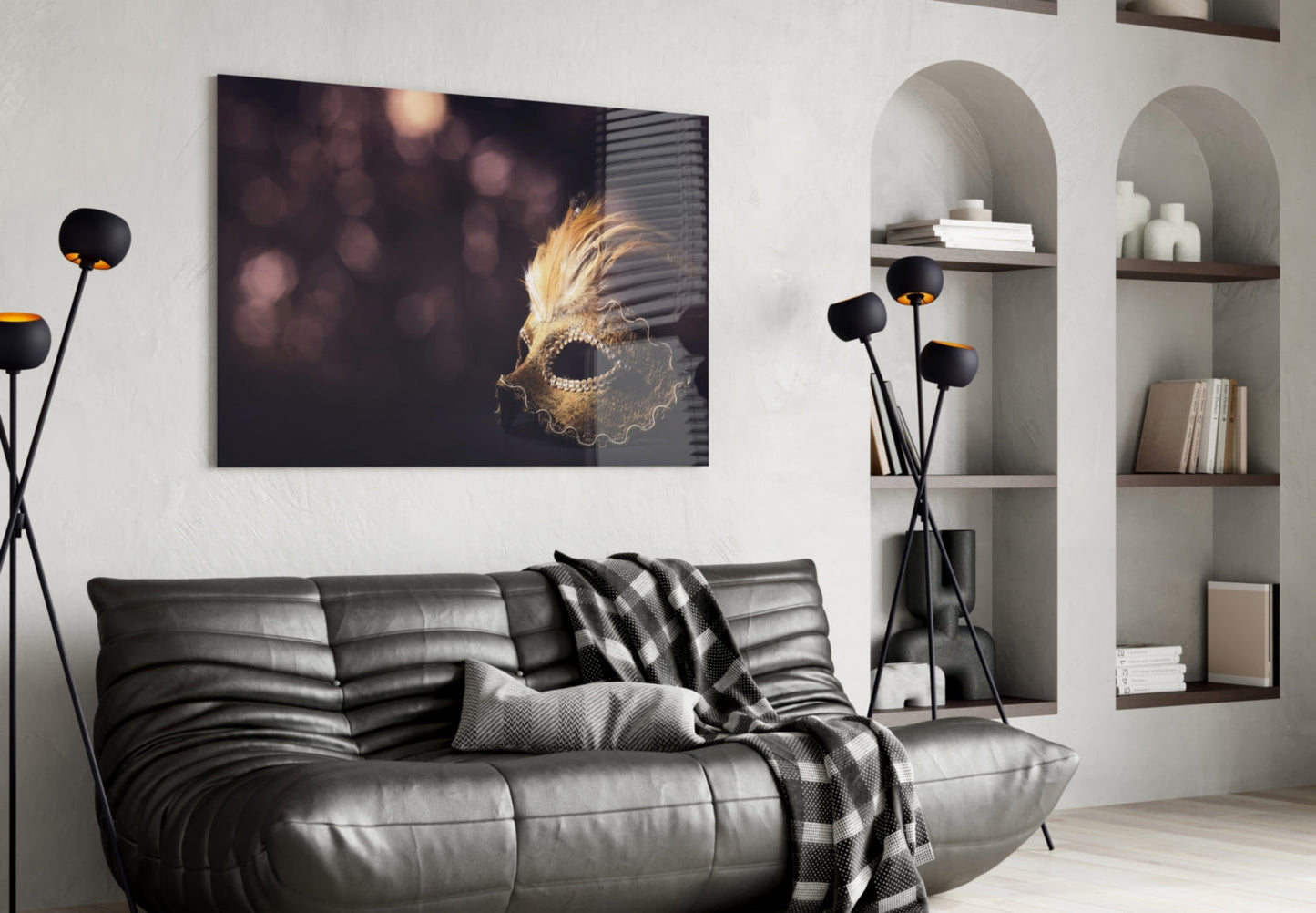 Gold Feathered Masquerade Mask Glass Wall Art