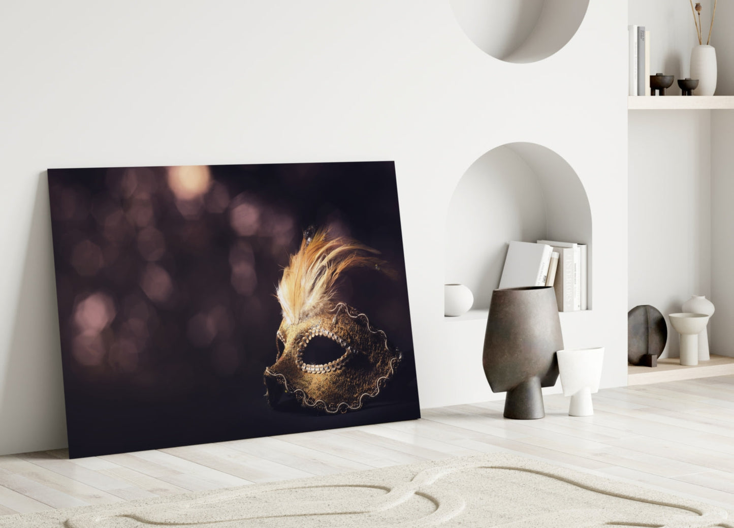 Gold Feathered Masquerade Mask Glass Wall Art