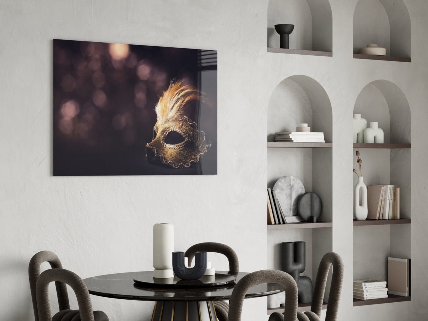 Gold Feathered Masquerade Mask Glass Wall Art