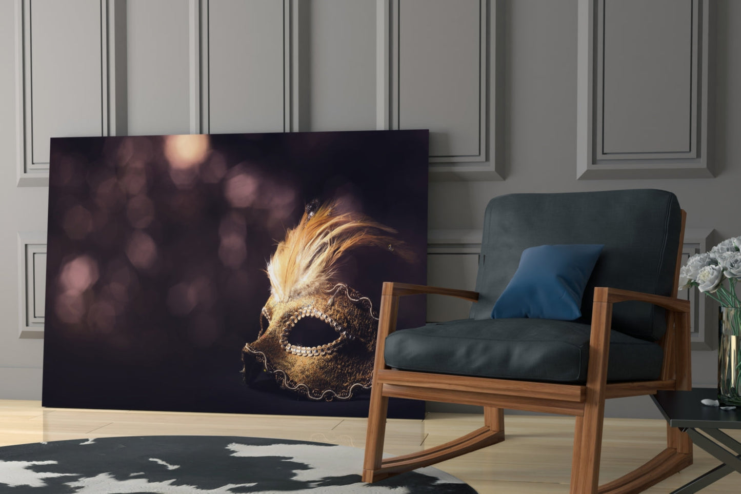 Gold Feathered Masquerade Mask Glass Wall Art