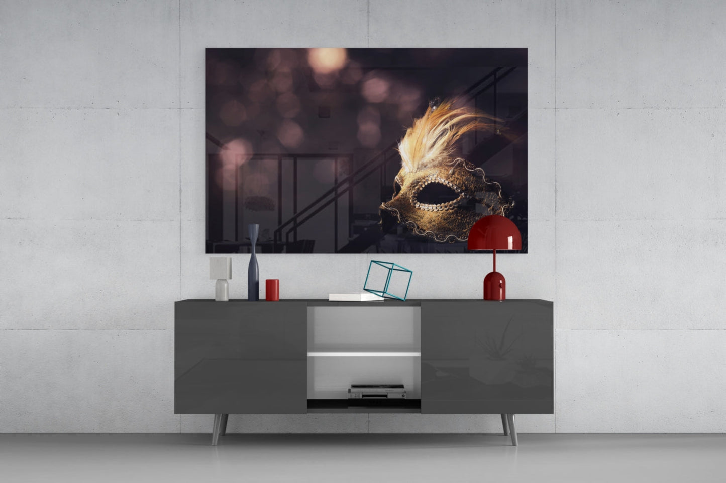 Gold Feathered Masquerade Mask Glass Wall Art