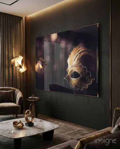 Gold Feathered Masquerade Mask Glass Wall Art
