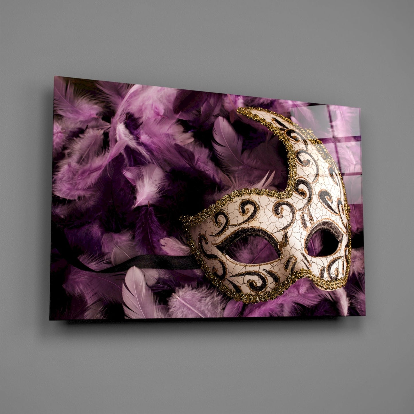 Ornate Mask Purple Feathers Glass Wall Art