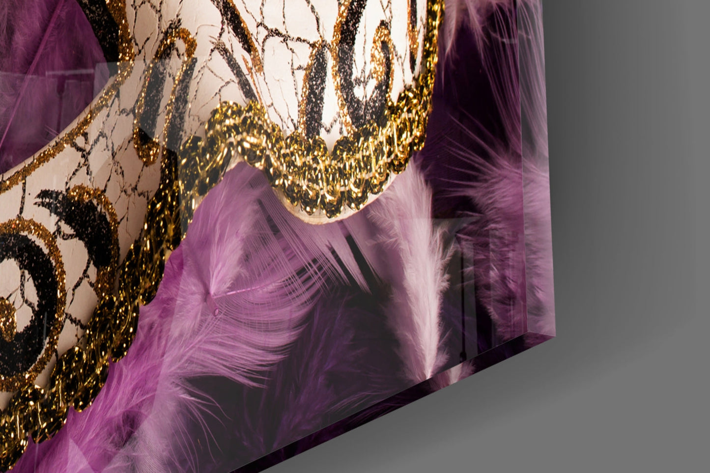 Ornate Mask Purple Feathers Glass Wall Art