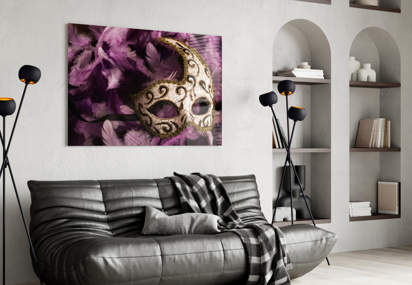 Ornate Mask Purple Feathers Glass Wall Art