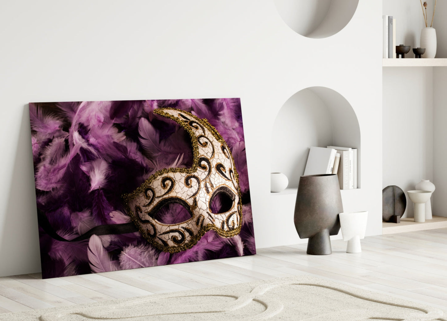 Ornate Mask Purple Feathers Glass Wall Art