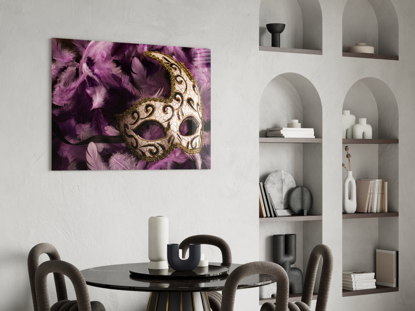Ornate Mask Purple Feathers Glass Wall Art