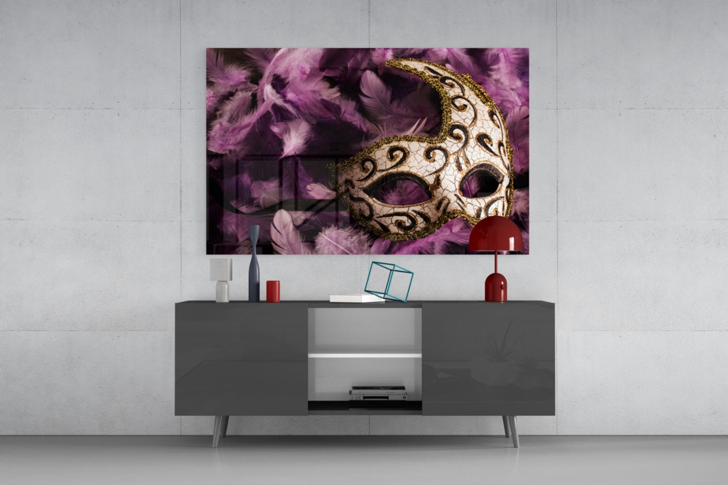 Ornate Mask Purple Feathers Glass Wall Art
