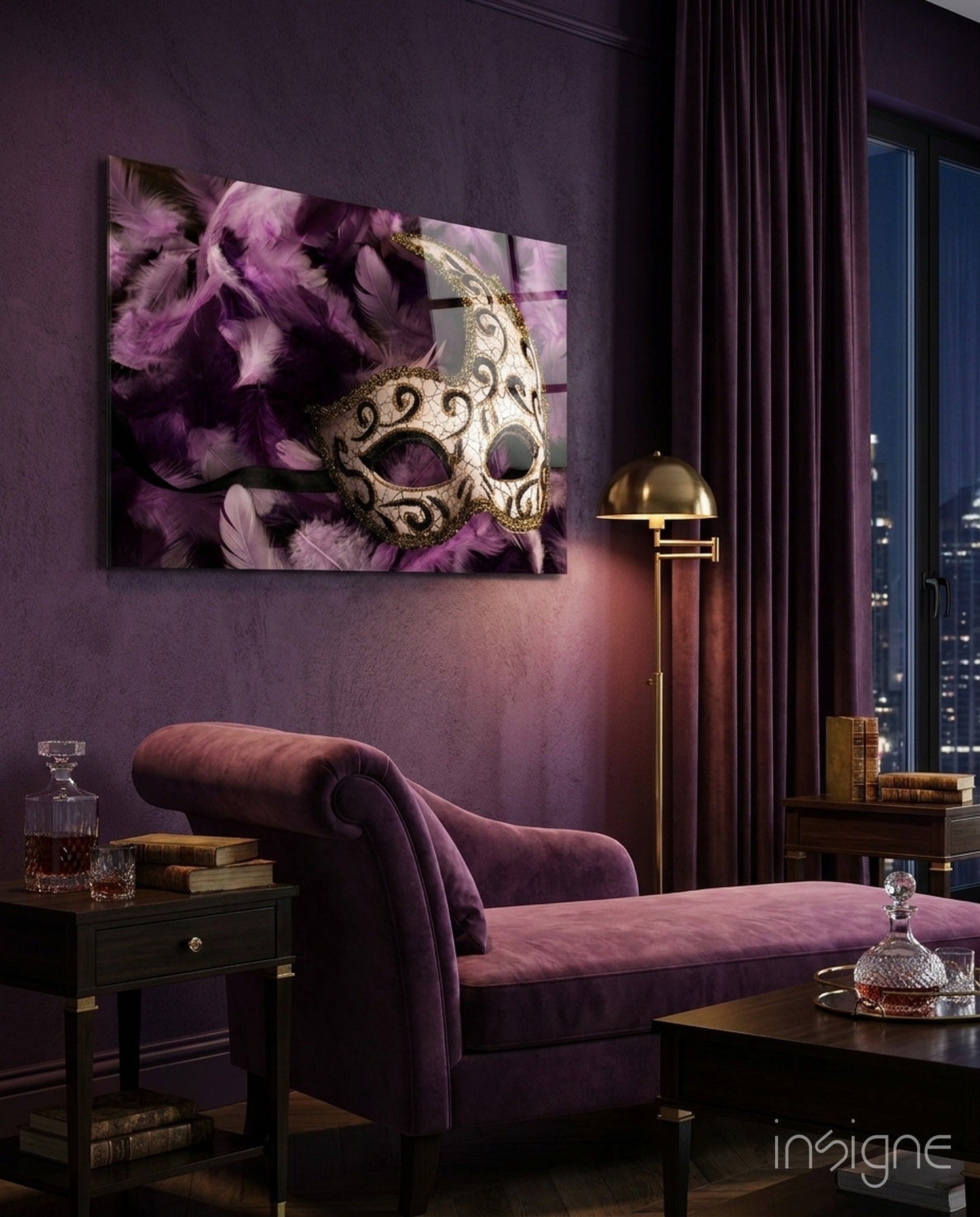 Ornate Mask Purple Feathers Glass Wall Art